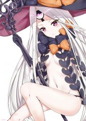 Rule 34 | 1girl, abigail williams (fate), abigail williams (third ascension) (fate), black bow, black gloves, black hat, black panties, blush, bow, breasts, closed mouth, commentary, dutch angle, elbow gloves, fate/grand order, fate (series), gloves, hat, highres, holding, holding staff, kumei, long hair, looking at viewer, navel, orange bow, pale skin, panties, parted bangs, polka dot, polka dot bow, purple eyes, revealing clothes, simple background, sitting, small breasts, solo, staff, topless, underwear, underwear only, very long hair, white background, white hair, witch hat