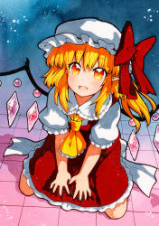 Rule 34 | 1girl, bad id, bad pixiv id, blonde hair, blue background, bow, collar, crystal, dress, flandre scarlet, floor, hair between eyes, hat, hat ribbon, looking at viewer, mob cap, multicolored eyes, open mouth, ponytail, puffy short sleeves, puffy sleeves, qqqrinkappp, red bow, red dress, red eyes, red ribbon, ribbon, seiza, short hair, short sleeves, sitting, smile, solo, touhou, traditional media, white collar, white sleeves, wings, yellow eyes, yellow neckwear