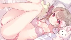 Rule 34 | 1girl, absurdres, ass, barefoot, bed sheet, bow, bra, breasts, brown hair, closed mouth, collarbone, frown, hair bow, highres, legs up, looking at viewer, lying, medium hair, miyoshino, on back, original, pillow, pink bra, polka dot, polka dot bra, red eyes, small breasts, solo, strap gap, stuffed animal, stuffed toy, thighs, twintails, underwear