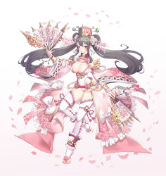 Rule 34 | 1girl, absurdres, bare shoulders, beads, bow, bracelet, breasts, cleavage, covered navel, crown, detached sleeves, double bun, dual wielding, earrings, floating hair, flower, full body, grey hair, hair bun, hair ornament, hairpin, hand fan, highres, holding, holding fan, houchi shoujo, huge filesize, jewelry, kouhaku nawa, large breasts, leotard, long hair, looking at viewer, mochirong, nail polish, petals, purple eyes, rope, rose, shimenawa, sidelocks, simple background, smile, solo, stirrup legwear, tassel, thighhighs, thighs, toeless legwear, toenail polish, toenails, twintails, waist cape, white background, white bow, white leotard, white thighhighs, wide sleeves