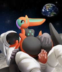 Rule 34 | alternate form, ass, astronaut, black sky, clothed sex, creatures (company), cum, cum in pussy, deoxys, deoxys (speed), erection, game freak, gen 3 pokemon, girl on top, heart, heart-shaped pupils, highres, interspecies, monster, monster girl, moon, mythical pokemon, nintendo, no outlines, penis, pokemon, pokemon (creature), pokephilia, pussy, reflection, sex, shooting star, sky, star (sky), starry sky, symbol-shaped pupils, uncensored, vaginal