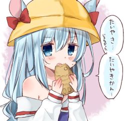 Rule 34 | 1girl, animal ears, azur lane, blue eyes, blue hair, blush, blush stickers, commentary request, eating, food, hat, heart, heart-shaped pupils, highres, holding, holding food, long hair, looking at viewer, mikazuki (azur lane), open mouth, portrait, ribbon, school hat, school uniform, shimashiro itsuki, solo, symbol-shaped pupils, translation request