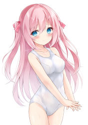 Rule 34 | 1girl, bad id, bad twitter id, blue eyes, blush, breasts, grey background, highres, kata rosu, long hair, looking at viewer, one-piece swimsuit, original, own hands together, pink hair, ribbon, school swimsuit, simple background, solo, swimsuit, thighs, two side up, white one-piece swimsuit