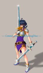 Rule 34 | 1girl, absurdres, ahoge, armor, belt, black hair, blush, boots, commission, commissioner upload, crying, diogossaurus, dual wielding, english text, fire emblem, fire emblem: genealogy of the holy war, gloves, grey background, highres, holding, holding sword, holding weapon, larcei (fire emblem), nintendo, purple tunic, shadow, shoulder armor, sidelocks, simple background, solo, sword, teardrop, tears, tomboy, tunic, weapon