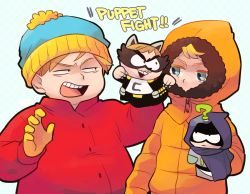 Rule 34 | 2boys, ?, beanie, blonde hair, blue eyes, coat, eric cartman, fat, gloves, hand puppet, hat, kenny mccormick, male focus, multiple boys, mysterion, open mouth, orange eyes, puppet, south park, the coon, tsunoji, winter clothes, winter coat, yellow gloves
