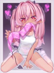 Rule 34 | 1girl, :3, absurdres, armpit crease, bad id, bad pixiv id, bare shoulders, black hair, black horns, blush, border, breath, bright pupils, closed mouth, collarbone, condom, condom packet strip, condom wrapper, covered navel, dark-skinned female, dark skin, demon girl, demon horns, demon tail, demon wings, eyes visible through hair, fang, fingernails, glowing, glowing tattoo, gradient background, grey border, hair between eyes, heart, heart-shaped pupils, heavy breathing, highres, holding, horns, long hair, low wings, lst9k, mini wings, mouth hold, multicolored hair, no shoes, original, pink hair, pointy ears, pubic tattoo, red eyes, school swimsuit, sitting, solo, speech bubble, spoken heart, streaked hair, swimsuit, symbol-shaped pupils, tail, tan, tattoo, twintails, wariza, white pupils, wings