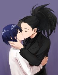 Rule 34 | 10s, 2girls, black hair, black neckwear, blue hair, boku no hero academia, business suit, clock, closed eyes, couple, facing another, formal, hand on another&#039;s back, hand on another&#039;s head, hand on back, hand up, height difference, high ponytail, highres, hug, jirou kyouka, kiss, long hair, long sleeves, multiple girls, necktie, ponytail, shirt, short hair, simple background, suit, upper body, vvvmung, watch, wristwatch, yaoyorozu momo, yuri