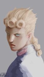 Rule 34 | 1boy, blonde hair, blue eyes, braid, commentary, earrings, english commentary, from side, giorno giovanna, highres, jewelry, jojo no kimyou na bouken, koffo-art, looking at viewer, male focus, portrait, serious, signature, single braid, solo, stud earrings, vento aureo