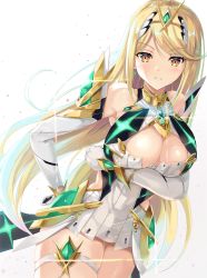Rule 34 | 1girl, armor, bare shoulders, blonde hair, breasts, chest jewel, cleavage, cleavage cutout, clothing cutout, cowboy shot, dress, earrings, elbow gloves, gem, glint, gloves, glowing, gold trim, gradient background, grey background, hair ornament, headpiece, inoue takuya (tactactak), jewelry, large breasts, long hair, looking at viewer, mythra (xenoblade), nintendo, skindentation, smile, solo, standing, swept bangs, teeth, tiara, very long hair, white background, white dress, xenoblade chronicles (series), xenoblade chronicles 2, yellow eyes