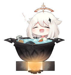 Rule 34 | 1girl, absurdres, blush, carrot, cauldron, closed eyes, genshin impact, hair flaps, halo, highres, narucchii, nude, open mouth, paimon (genshin impact), partially submerged, short hair, simple background, solo, white background, white hair