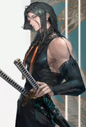 Rule 34 | 1boy, absurdres, armpits, bare shoulders, black hair, closed mouth, cowboy shot, detached sleeves, ear piercing, earrings, elbow gloves, from side, gloves, gold trim, highres, holding, holding sword, holding weapon, ibu0024, jewelry, katana, long hair, looking at viewer, male focus, muscular, original, piercing, scabbard, sheath, sheathed, sidelocks, solo, sword, tassel, weapon