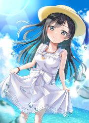 Rule 34 | 1girl, a jet black magician (love live!), absurdres, artist name, artist request, bare legs, bare shoulders, black hair, blue hair, blue sky, blush, bow, breasts, brown hat, cloud, collarbone, crescent, crescent necklace, dark blue hair, day, dress, dress bow, female focus, floating hair, grey eyes, hat, highres, holding, holding clothes, holding skirt, jewelry, long hair, looking at viewer, love live!, love live! nijigasaki high school idol club, love live! school idol festival, love live! school idol festival all stars, medium breasts, miniskirt, necklace, ocean, outdoors, parted lips, plaid, plaid dress, plaid skirt, pleated, pleated dress, pleated skirt, ponytail, side ponytail, skirt, sky, smile, solo, striped, striped bow, sundress, sunlight, white bow, white dress, white skirt, yuki setsuna (love live!)