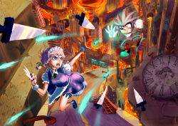 Rule 34 | 1boy, 1girl, absurdres, circled 9, cityscape, clock, crossover, explosion, fighting, fire, highres, izayoi sakuya, knife, road, road sign, sign, silver hair, silver the hedgehog, sonic (series), sonic the hedgehog (2006), touhou, triple-q