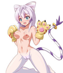 Rule 34 | 1girl, blue eyes, blush, breasts, cleft of venus, digimon, digimon (creature), fang, female focus, gloves, heigako, kneeling, light purple hair, medium breasts, navel, nipples, nude, open mouth, pussy, smile, solo, tail, tailmon, uncensored