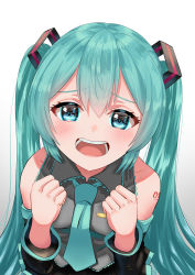 Rule 34 | 1girl, absurdres, aqua eyes, aqua hair, aqua necktie, bare shoulders, black skirt, black sleeves, clenched hands, commentary, detached sleeves, furrowed brow, grey shirt, hair ornament, hatsune miku, highres, leaning forward, long hair, looking at viewer, necktie, open mouth, pleated skirt, shirt, shoulder tattoo, skirt, sleeveless, sleeveless shirt, solo, tattoo, tatyaoekaki, twintails, upper body, very long hair, vocaloid, white background, worried