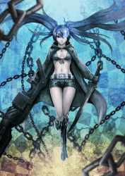 Rule 34 | 10s, 1girl, absurdres, arm cannon, bikini, bikini top only, black bikini, black footwear, black hair, black rock shooter, black rock shooter (character), blue eyes, boots, breasts, chain, closed mouth, coat, floating hair, full body, glowing, glowing eye, highres, holding, holding sword, holding weapon, ko-ran, long hair, looking at viewer, medium breasts, midriff, open clothes, open coat, pale skin, scar, short shorts, shorts, solo, stitches, swimsuit, sword, twintails, uneven twintails, very long hair, weapon