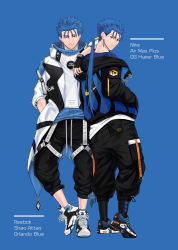 Rule 34 | 2boys, alternate costume, arm on another&#039;s shoulder, baggy pants, beads, blue hair, closed mouth, contemporary, cu chulainn (caster) (fate), cu chulainn (fate), cu chulainn (fate/stay night), earrings, fate/grand order, fate/stay night, fate (series), fingerless gloves, full body, gloves, hair beads, hair ornament, highres, hood, hood down, hoodie, jacket, jewelry, long hair, looking at viewer, male focus, multiple boys, multiple persona, nike (company), pants, pocket, ponytail, red eyes, reebok, reebok pump, ruuto (ruto3), shoes, simple background, smile, sneakers, spiked hair, standing, type-moon, white background