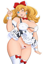 Rule 34 | 1girl, bare shoulders, blonde hair, blue eyes, breasts, choker, cleavage, copyright request, covered erect nipples, curvy, earrings, female focus, hair ornament, hair ribbon, highleg, highleg panties, highres, jewelry, knight4princess, large breasts, long hair, looking at viewer, maid, one eye closed, open mouth, panties, ribbon, simple background, skirt, skirt flip, smile, solo, standing, temaeya utsurou, thighhighs, thighs, underwear, white background, white panties, white thighhighs, wide hips, wink
