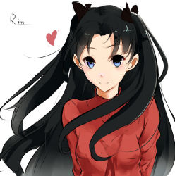 Rule 34 | 1girl, arms behind back, black hair, blue eyes, breasts, fate/stay night, fate (series), hair ribbon, heart, long hair, otonashi yusaku, ribbon, simple background, small breasts, smile, solo, sweater, tohsaka rin, turtleneck, two side up, upper body