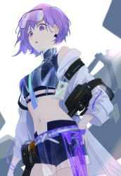 Rule 34 | 1girl, bare shoulders, black shirt, character request, copyright request, cowboy shot, crop top, earrings, girls&#039; frontline neural cloud, goggles, goggles on head, hei chuan gui, highres, jewelry, long sleeves, midriff, navel, off shoulder, parted lips, purple eyes, purple hair, shirt, short hair, solo, standing, stomach, white background