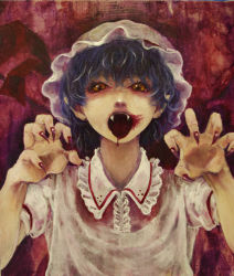 Rule 34 | 1girl, blue hair, creepy, dress, fangs, fingernails, hands up, hat, horror (theme), looking at viewer, meiji (charisma serve), mob cap, nail polish, open mouth, pointy ears, red background, red eyes, red nails, remilia scarlet, sharp fingernails, short hair, short sleeves, solo, tongue, tongue out, touhou, vampire, white dress, wing collar