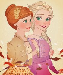 2girls anna_(frozen) blonde_hair braid braided_ponytail brown_hair brown_jacket dress elsa_(frozen) frozen_(disney) green_eyes hair_ornament highres jacket jewelry multiple_girls necklace open_clothes open_jacket pink_dress ri_ri_ri2 siblings sisters upper_body