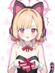 Rule 34 | 1girl, ^^^, animal ear headphones, animal ears, black leotard, blonde hair, blue archive, blush, bow, bowtie, breasts, cat ear headphones, chestnut mouth, detached collar, fake animal ears, giving, hair bow, halo, headphones, highres, leotard, looking at viewer, low-tied sidelocks, momoi (blue archive), open mouth, p-gnesium, pink halo, playboy bunny, red bow, red bowtie, second-party source, short hair, small breasts, smile, solo, wrist cuffs