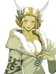 Rule 34 | alternate breast size, blonde hair, blush, breasts, cleavage, collarbone, final fantasy, final fantasy xiv, fur-trimmed robe, fur trim, green eyes, horns, jamjamstyle, jewelry, kan-e-senna, large breasts, lips, no bra, padjal, ring, robe, simple background, upper body, white background