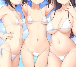 Rule 34 | 3girls, arm up, armpits, bad id, bad twitter id, bare pectorals, bare shoulders, bikini, black hair, breasts, cleavage, cleft of venus, cloud, cloudy sky, collarbone, commentary, copyright request, cropped, day, english commentary, faceless, faceless female, finger to mouth, geewhy, grin, hand on another&#039;s hip, inactive account, kuraue hinata, kurosaki honoka, large breasts, lineup, long hair, matching outfits, micro bikini, multiple girls, navel, outdoors, pectorals, saitou kaede (yama no susume), short hair, sky, small breasts, smile, swimsuit, thigh gap, twintails, white bikini, yama no susume