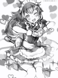 Rule 34 | 1girl, :3, :d, alternate costume, animal ears, apron, bad id, bad pixiv id, blush, enmaided, gloves, greyscale, hair ornament, hairband, hairclip, head tilt, heart, heart background, heart hands, highres, hololive, long hair, looking at viewer, maid, maid headdress, monochrome, nanashi (nlo), one eye closed, ookami mio, open mouth, skirt, smile, solo, standing, sweatdrop, thighhighs, virtual youtuber, waist apron, wolf ears