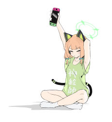 Rule 34 | 1girl, absurdres, animal ear headphones, animal ears, blue archive, blue bow, blush, bow, cat ear headphones, closed eyes, closed mouth, clothes writing, fake animal ears, full body, green shirt, hair bow, halo, handheld game console, headphones, highres, holding, holding handheld game console, mark jin, midori (blue archive), nintendo switch, orange hair, shirt, short sleeves, simple background, sitting, socks, solo, stretching, tail, white background