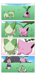 Rule 34 | 4koma, absurdres, anger vein, animal ears, blank eyes, blue sky, blush, brown eyes, brown hair, cat ears, closed eyes, comic, commentary request, creatures (company), fangs, florian (pokemon), flower, flying, game freak, gen 2 pokemon, grass, hair between eyes, hand to own mouth, hat, highres, holding, holding flower, hoppip, kneeling, licking, licking another&#039;s cheek, licking another&#039;s face, nintendo, one eye closed, open mouth, pokemon, pokemon sv, rappa (rappaya), red eyes, short sleeves, shorts, sky, smile, sprigatito, tail, translation request