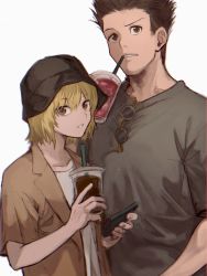 Rule 34 | 2boys, black hair, black shirt, blonde hair, brown eyes, casual, cup, drink, drinking, drinking straw, drinking straw in mouth, eyewear hang, eyewear hang, unworn eyewear, hat, highres, holding, holding cup, holding phone, hunter x hunter, kurapika, leorio paladiknight, male focus, multiple boys, open clothes, open shirt, parted lips, phone, re tae44, shirt, short hair, short sleeves, sunglasses, trap, white background, white shirt