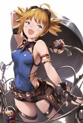 Rule 34 | 10s, 1girl, ahoge, arm behind head, arm strap, arm up, bare shoulders, belt, black gloves, blonde hair, blue eyes, fang, fingerless gloves, gloves, granblue fantasy, holster, looking at viewer, multiple belts, open mouth, pengie, shirt, shorts, sleeveless, sleeveless shirt, smile, solo, twintails, u jie