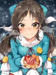 Rule 34 | 1girl, blue coat, blush, braid, breath, brown hair, closed mouth, coat, commentary request, fingerless gloves, food, fur trim, gloves, hair ribbon, highres, holding, holding food, idolmaster, idolmaster cinderella girls, long hair, long sleeves, looking at viewer, orange gloves, ribbon, signature, smile, snowing, solo, tachibana arisu, tuxedo de cat, upper body, winter clothes, winter coat, yellow eyes
