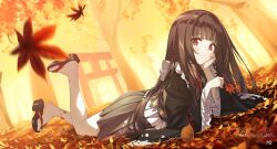 Rule 34 | 1girl, arm support, autumn, autumn leaves, black hair, black kimono, blunt bangs, closed mouth, floral print, foot up, forest, frilled sleeves, frills, hand on own cheek, hand on own face, highres, japanese clothes, kimono, letterboxed, long hair, long sleeves, looking at viewer, lying, maid, nature, obi, obijime, okobo, on stomach, original, pleated skirt, red eyes, sandals, sash, schatten, skirt, smile, solo, tabi, thighhighs, toes, torii, tree, very long hair, wa maid, white thighhighs, wide sleeves
