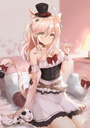 Rule 34 | 1girl, absurdres, ahoge, animal, animal ear fluff, animal ears, bed sheet, belt, belt buckle, black hat, blurry, blurry background, blush, bow, breasts, brown belt, brown eyes, buckle, cat, cat ears, cat girl, cat tail, chest of drawers, choker, cleavage, closed mouth, collarbone, commentary request, depth of field, detached sleeves, dress, fingernails, frilled dress, frills, hair between eyes, hands up, hat, hat bow, highres, huge filesize, indoors, long hair, long sleeves, looking at viewer, medium breasts, mini hat, mini top hat, original, pillow, pink hair, red bow, red choker, red ribbon, ribbon, see-through, see-through sleeves, single detached sleeve, solo, strapless, strapless dress, tail, tail bow, tail ornament, tail raised, top hat, uzuki tsukuyo, white dress, wrist cuffs