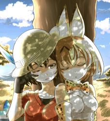 Rule 34 | 10s, 2girls, animal ears, bare shoulders, black hair, blonde hair, bow, bowtie, brown eyes, commentary, elbow gloves, closed eyes, gloves, hat, hat feather, highres, kaban (kemono friends), kemono friends, leaning on person, lucky beast (kemono friends), multiple girls, one eye closed, open mouth, rubbing eyes, serval (kemono friends), serval print, shade, short hair, sleeping, zatou (kirsakizato)