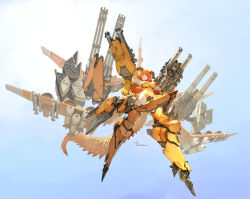 Rule 34 | 1girl, arm cannon, bomb, breasts, covered navel, dragon tail, explosive, flying, from below, gatling gun, horns, large breasts, leotard, long hair, long pointy ears, mecha musume, mechanical legs, mechanical wings, missile, missile pod, open mouth, orange hair, original, pointy ears, rocket launcher, science fiction, smile, solo, tail, takayama toshiaki, thighs, weapon, wings, yellow leotard