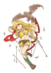 Rule 34 | 1girl, armband, armpits, arrow (projectile), bird, blonde hair, bow (weapon), breasts, brown eyes, brown footwear, brown gloves, brown shirt, brown shorts, cecil damon, cleavage, closed mouth, commentary request, crop top, fingerless gloves, frown, full body, fur-trimmed gloves, fur-trimmed shirt, fur-trimmed shorts, fur trim, gloves, green socks, hawk, highres, holding, holding bow (weapon), holding weapon, iwaserie, long hair, looking at viewer, medium breasts, midriff, navel, ragnarok online, shirt, shoes, short shorts, shorts, simple background, sleeveless, sleeveless shirt, sniper (ragnarok online), socks, solo, two-tone gloves, two-tone shirt, two-tone shorts, weapon, white background, yellow gloves, yellow shirt, yellow shorts, zipper