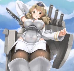 Rule 34 | 1girl, aircraft catapult, arms behind head, blonde hair, blue sky, breasts, brown thighhighs, cannon, cloud, cloudy sky, corset, covered navel, cowboy shot, day, detached sleeves, dress, from below, hat, houston (kancolle), kantai collection, looking at viewer, medium breasts, medium hair, open mouth, pantyhose, pleated dress, range finder, redundant-cat, shin guards, sky, smile, standing, thighhighs, thighs, turret, white dress, yellow eyes