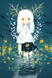 Rule 34 | 1girl, abstract, absurdres, black skirt, blush, branch, collared shirt, crescent moon, fish, flower, glowing, highres, leaf, long hair, looking at viewer, moon, original, partially submerged, plant, reflection, shirt, sizucomaru, skirt, solo, wading, white hair, white shirt