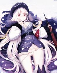 Rule 34 | 1girl, belt, blush, bolt action, boots, breasts, check commentary, cleavage, coat, commentary, commentary request, fur trim, girls&#039; frontline, gun, hat, holding, holding gun, holding weapon, kar98k (girls&#039; frontline), long hair, looking at viewer, lying, mauser 98, military, military hat, military uniform, nekoya (liu), on back, panties, pussy, pussy juice stain, pussy peek, red eyes, resolution mismatch, rifle, solo, source larger, underwear, uniform, very long hair, weapon, white hair