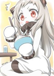 Rule 34 | 10s, 1girl, abyssal ship, aircraft, airplane, artist name, bare shoulders, blush, bowl, chopsticks, dress, eating, food, food on face, holding, horns, image sample, kantai collection, legband, northern ocean princess, open mouth, red eyes, rice, rice bowl, ryuki (ryukisukune), sitting, sleeveless, sleeveless dress, solo, table, thigh strap, wariza, white dress, white hair