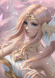 Rule 34 | 1girl, artist name, au ra, warrior of light (ff14), blue eyes, cherry blossoms, chuby mi, closed mouth, commentary, commission, dress, final fantasy, final fantasy xiv, highres, lips, looking at viewer, nose, parted bangs, petals, realistic, smile, solo, strapless, strapless dress, watermark, white dress