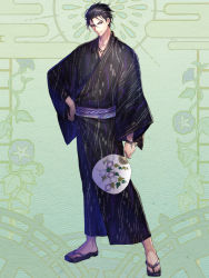 Rule 34 | 1boy, black hair, black kimono, dairoku ryouhei, facing viewer, full body, green background, hair between eyes, hand fan, hand on own hip, hi-na1, holding, holding fan, japanese clothes, kimono, male focus, sandals, simple background, solo, standing, wristband