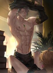 Rule 34 | 2boys, abs, absurdres, aether (genshin impact), ahoge, alhaitham (genshin impact), armpits, arms up, black gloves, black pants, black shirt, blonde hair, blurry, blurry background, book, book stack, bruise, bulge, chest jewel, closed eyes, earrings, erection, erection under clothes, fingerless gloves, gem, genshin impact, gloves, green gemstone, grey hair, ha ze, hair over one eye, highres, injury, jewelry, large pectorals, library, long hair, male focus, male pubic hair, multiple boys, muscular, navel, nipples, on table, open mouth, pants, parted bangs, pectorals, pubic hair, public indecency, shirt, short hair, sidelocks, single earring, spread legs, standing, sweat, sweatdrop, table, topless male, trembling, undressing, veins, yaoi