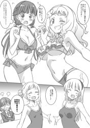 Rule 34 | !, &gt;:(, 5girls, ?, anger vein, angry, arashi chisato, arms up, bikini, blank stare, blush, braid, breasts, chair, clenched hands, collarbone, comic, commentary, crossed arms, double bun, flower, frilled bikini, frills, glaring, gradient hair, greyscale, grimace, hair bun, hair flower, hair ornament, hair ribbon, head bump, headband, heanna sumire, large breasts, love live!, love live! superstar!!, low twintails, marugoshi teppei, medium breasts, money gesture, monochrome, multicolored hair, multiple girls, musical note, navel, onitsuka natsumi, open mouth, outside border, panels, ribbon, sakurakoji kinako, school swimsuit, school uniform, side braid, sitting, small breasts, speech bubble, spoken musical note, sweatdrop, swimsuit, table, tang keke, thought bubble, translated, twintails, underboob, v-shaped eyebrows, white background, yuigaoka school uniform