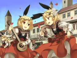 Rule 34 | 4girls, animal ears, bad id, bad pixiv id, blonde hair, blue sky, rabbit ears, day, flute, head wreath, ikura hato, instrument, long hair, multiple girls, music, open mouth, original, petals, plant, playing instrument, red eyes, scarf, short hair, sky, smile, town