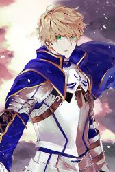 Rule 34 | 1boy, ahoge, armor, arthur pendragon (fate), bad id, bad twitter id, blonde hair, breastplate, fate/grand order, fate (series), faulds, green eyes, hair between eyes, highres, holding, light particles, light smile, long sleeves, looking at viewer, male focus, metal, nanonineex, pauldrons, shoulder armor, simple background, solo, upper body